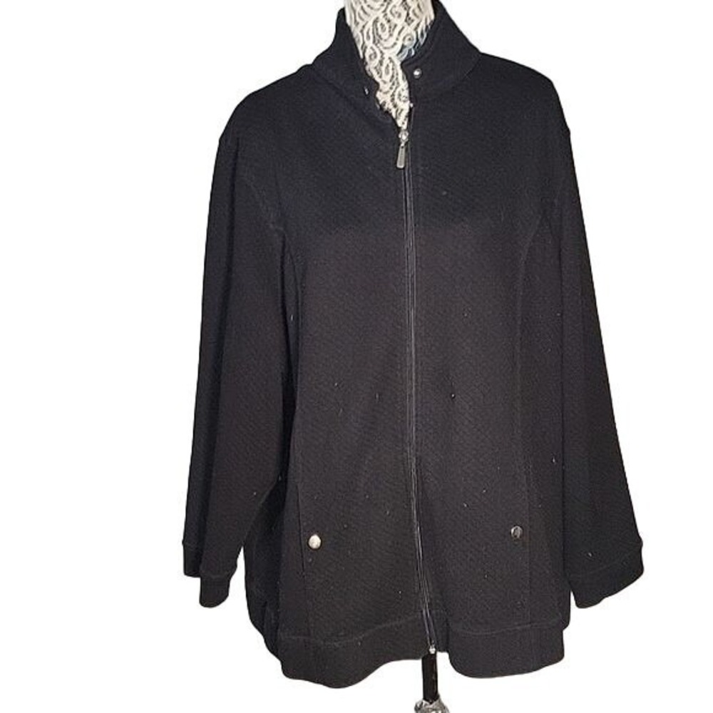 LIZ&ME‎ CATHERINE'S Black Full Zip Jacket Quilted Knit Ribbed Trim Casual Fall